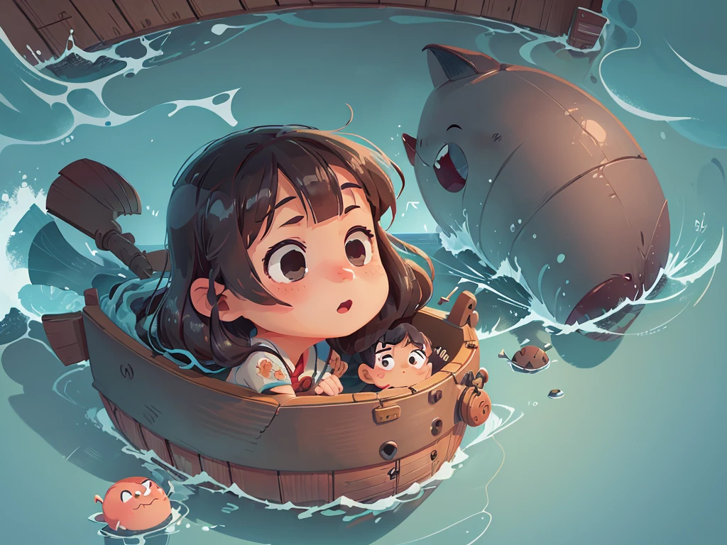 卡通Boat,Surrounded by beautiful sea,This illustration is a 4K high-definition illustration,The facial features are rich in detail,Cartoon Style,卡通Boat,Boat,The details are clear,(Boat和图比例3:1),No characters,