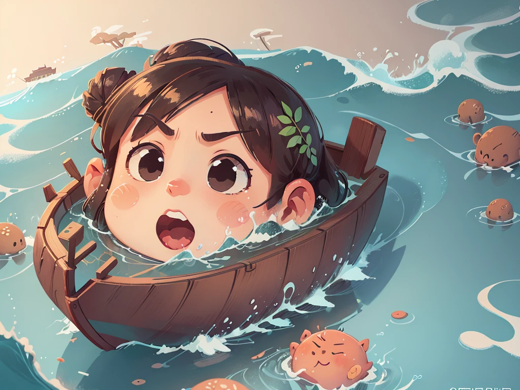 卡通Boat，Surrounded by beautiful sea,This illustration is a 4K high-definition illustration，The facial features are rich in detail，Cartoon Style，卡通Boat，Boat，The details are clear，(Boat和图比例3：1),No characters，