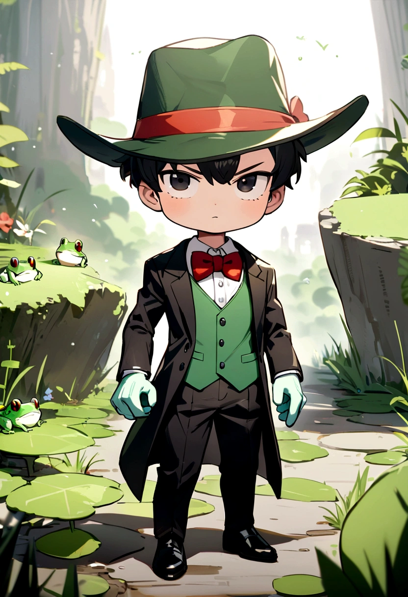 Tall, cute, bipedal green and white frog with black eyes, black cowboy hat, green hat tie, red bow tie.
