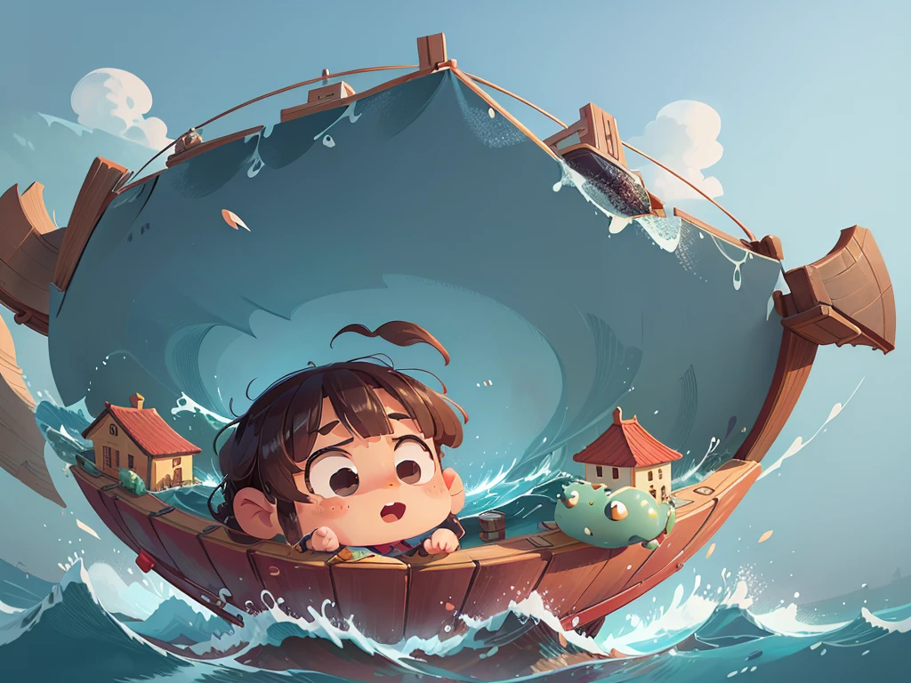 卡通Boat,Surrounded by beautiful sea,This illustration is a 4K high-definition illustration,The facial features are rich in detail,Cartoon Style,卡通Boat,Boat,The details are clear,(Boat和图比例3:1),No characters,