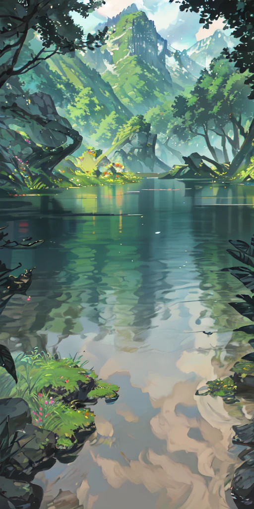 Chinese ancient times, spring, jungle, lake, cave, waterfall, tree, meadow, rock, deer, hot spring, water vapor, (illustration: 1.0), epic composition, realistic lighting, HD details, masterpiece, best quality, (very detailed CG unified 8k wallpaper)