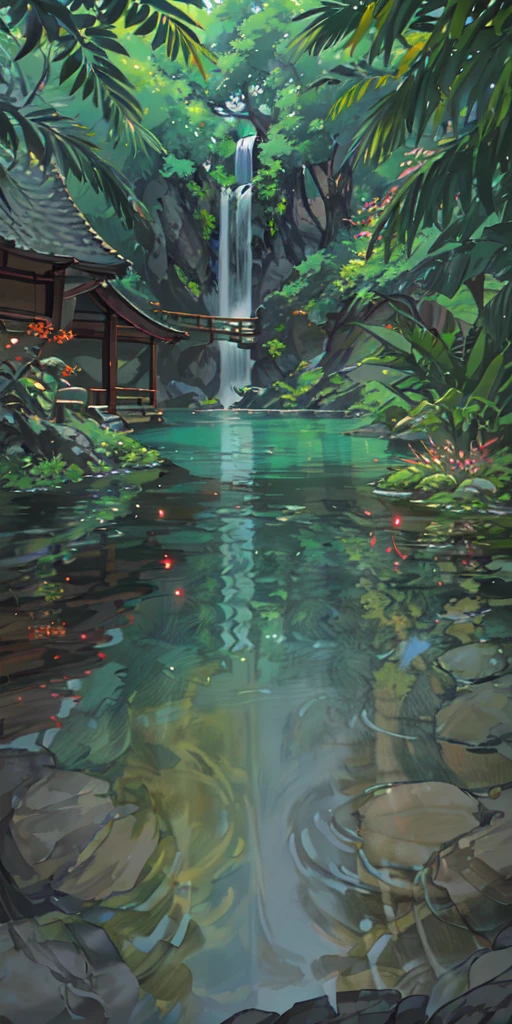 Chinese ancient times, spring, jungle, lake, cave, waterfall, tree, meadow, rock, deer, hot spring, water vapor, (illustration: 1.0), epic composition, realistic lighting, HD details, masterpiece, best quality, (very detailed CG unified 8k wallpaper)
