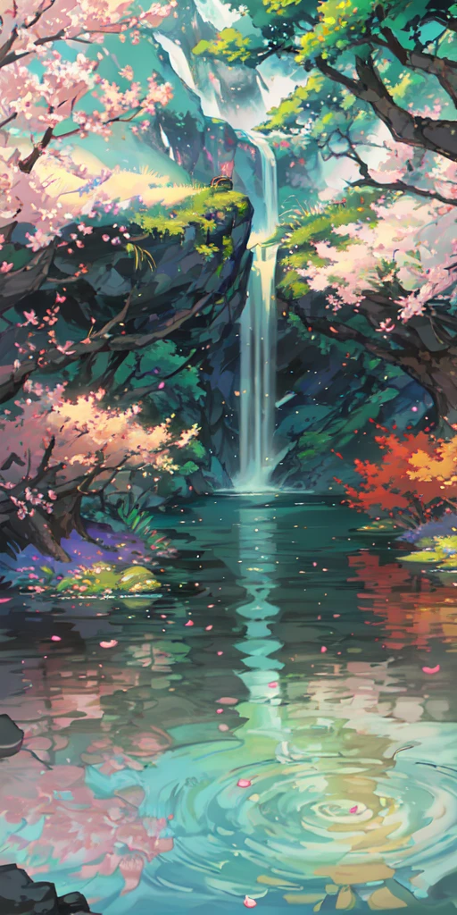 Chinese ancient times, spring, jungle, lake, cave, waterfall, tree, meadow, rock, deer, hot spring, water vapor, (illustration: 1.0), epic composition, realistic lighting, HD details, masterpiece, best quality, (very detailed CG unified 8k wallpaper)