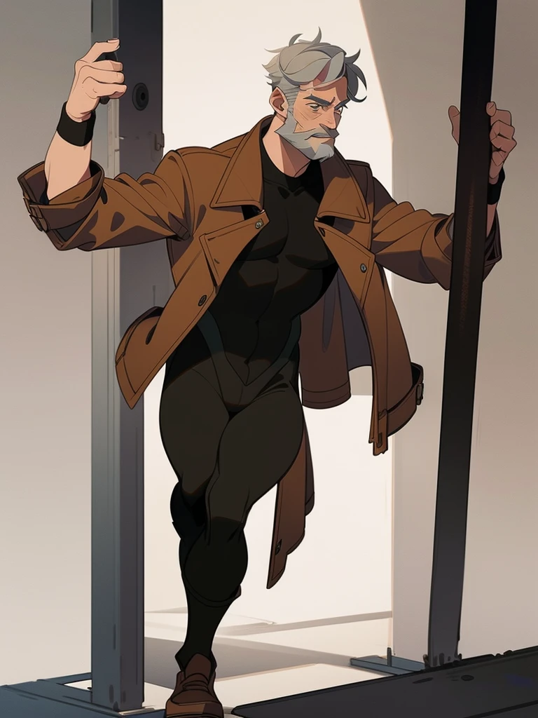Male, Human, White short hair, fit build, leather brown jacket, full body, gray hair and brown full beard