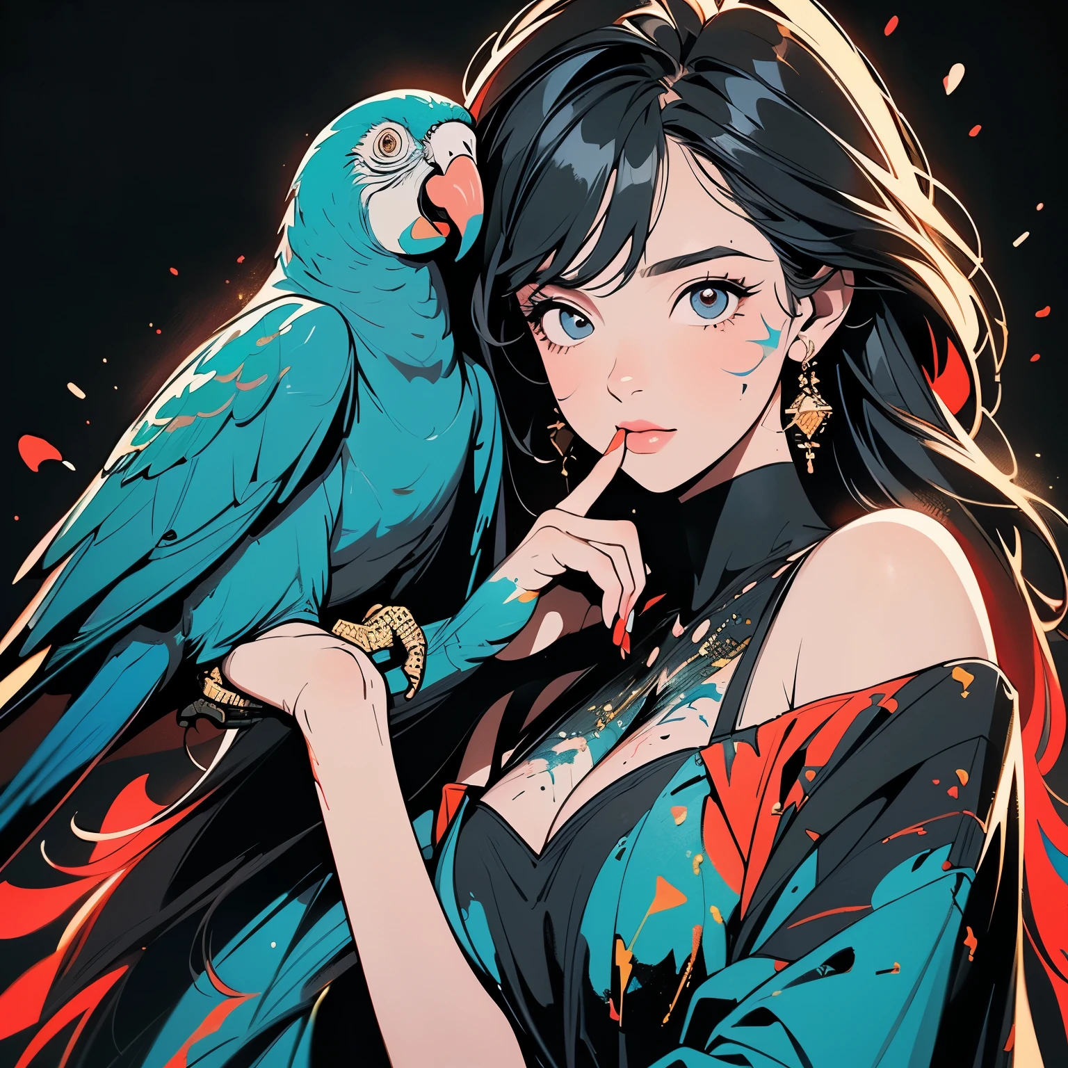(((Beautiful bird with One woman))), (((A Very large parrot on your shoulder))), Brilliant, Super detailed face and eyes, Dripping Paint, (((Perfect bird))), Complex, wonderful, Fantastic, Gold leaf trim, Magic, Masterpiece Painting, Super detailed, Enchanting, Enchantingな, intense, Scattered Light, constructed using the golden ratio, Awards, Perfect composition, Ultra HD, 8K, Realistic, Very detailed, One woman, (((finger to mouth))),(((perfect finger)),(((perfect hand)), black background, (((splattering Colorful Paint))), red dress