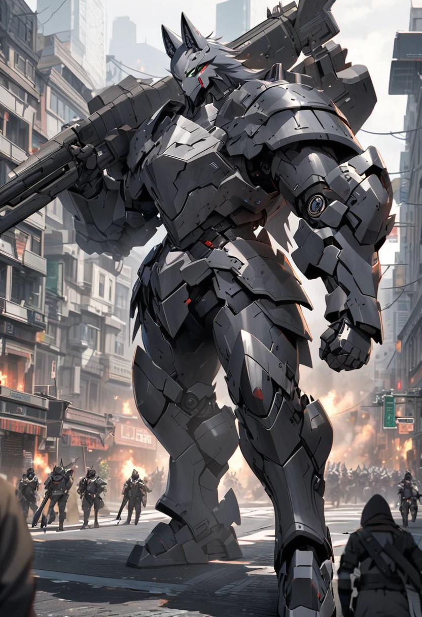 Wolf-headed robot with black and gray colors in heavy armor carrying a heavy weapon in the middle of a city