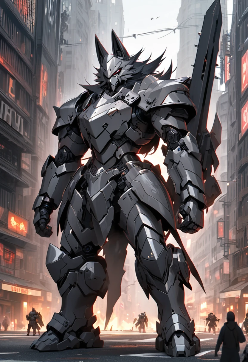 Wolf-headed robot with black and gray colors in heavy armor carrying a heavy weapon in the middle of a city