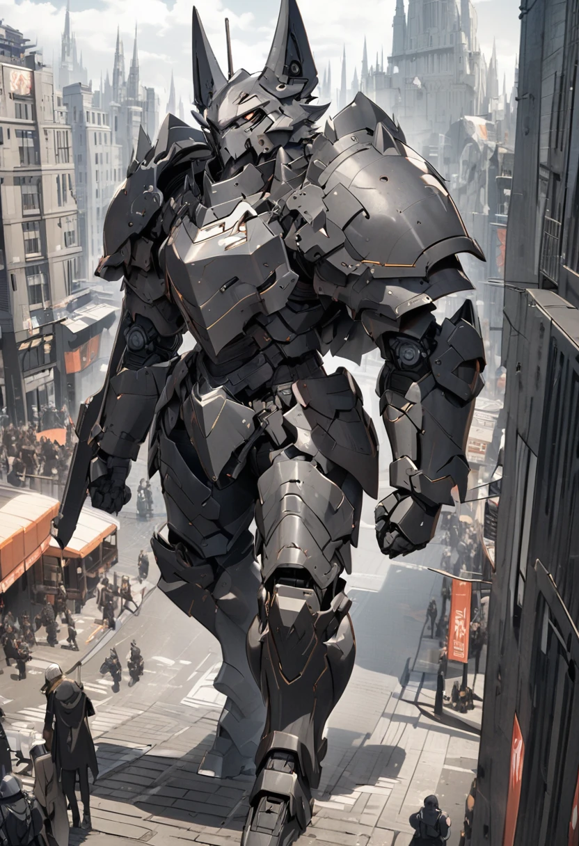 Wolf-headed robot with black and gray colors in heavy armor carrying a heavy weapon in the middle of a city