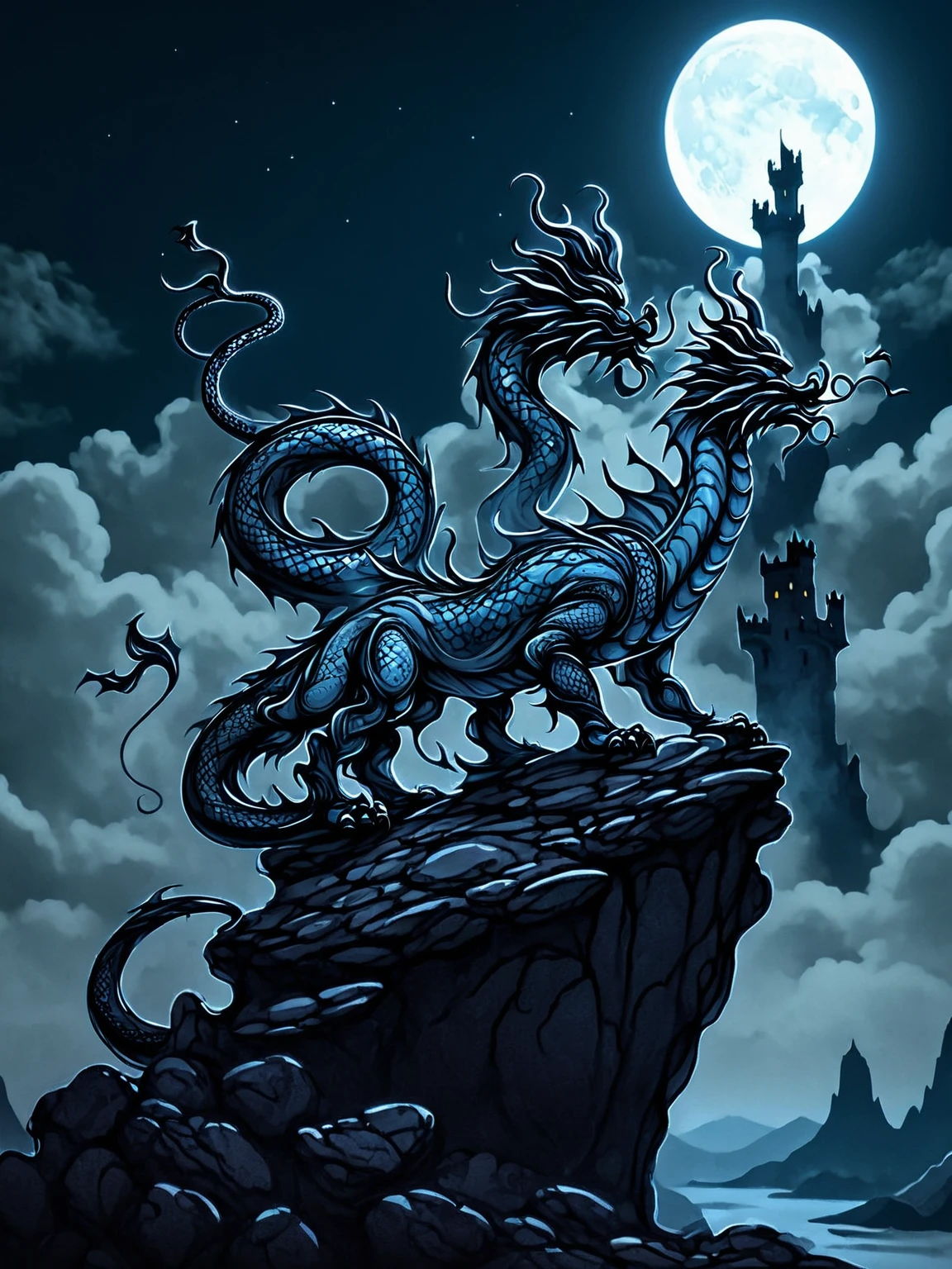 a fierce dragon perched atop a rocky cliff, its scales glistening in the moonlight. Surrounding the dragon are treasures and artifacts from long-lost civilizations, adding an air of mystery and adventure to the scene. The sky is filled with swirling clouds and the faint outline of a castle in the distance, line art, cinematic character, 3d style, high quality, coloring book, hand-draw, lineart