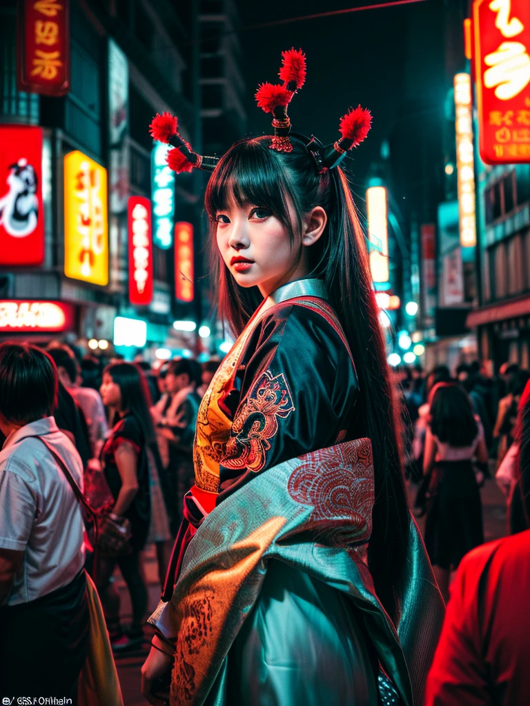 (masterpiece, cinematic photograph capturing the bustling streets of Shibuya, Japan, adorned with a procession of "oni" - traditional Japanese demons, parading through the night under the gaze of the intrigued crowd:1.3), (meticulously composed to convey the dynamic energy of the scene and the mystique of the "oni" creatures:1.2), (the intricate details of the "oni" costumes and the expressions of the people in the crowd adding depth to the visual narrative:1.1), (meticulous attention given to the neon-lit surroundings and the vivid contrast between the "oni" and the modern cityscape:1.1), (the chosen camera, a Canon EOS 5D Mark IV, renowned for its low-light performance, effectively capturing the vibrant atmosphere of the scene:1.1), (paired with a Canon EF 24-70mm f/2.8L II USM lens, allowing for versatility and sharpness in the wide-angle composition:1.1), (a portrayal that evokes a sense of enchantment and cultural fusion in the heart of a bustling city:1.1), (an image that invites viewers to immerse themselves in the urban fantasy and explore the intersection of tradition and modernity:1.1), (an artwork that encapsulates the vibrant nightlife of Shibuya and the captivating allure of the "oni" parade:1.1), (an invitation to witness a unique blend of myth and reality, captured in a cinematic frame:1.1), (a photographic journey that transports the audience to the lively streets of Tokyo's most iconic district:1.1)), Cinematic, Hyper-detailed, insane details, Beautifully color graded, Unreal Engine, DOF, Super-Resolution, Megapixel, Cinematic Lightning, Anti-Aliasing, FKAA, TXAA, RTX, SSAO, Post Processing, Post Production, Tone Mapping, CGI, VFX, SFX, Insanely detailed and intricate, Hyper maximalist, Hyper realistic, Volumetric, Photorealistic, ultra photoreal, ultra-detailed, intricate details, Super detailed, Full color, Volumetric lightning, HDR, Realistic, Unreal Engine, 16K, Sharp focus, Octane render