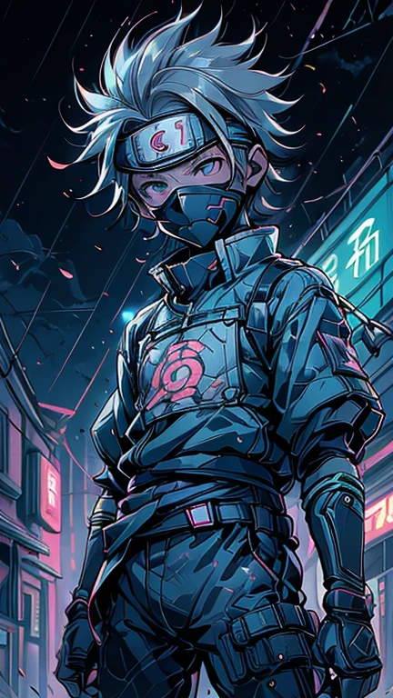 (8k),(masterpiece),(Japanese),(8-year-old boy),((innocent look)),((Childish)),From the front,smile,cute,Innocent,Kind eyes,Flat chest, Hatake Kakashi,short,Hair blowing in the wind, Silver Hair,Strong wind,night,dark, Neon light Cyberpunk Konoha Village