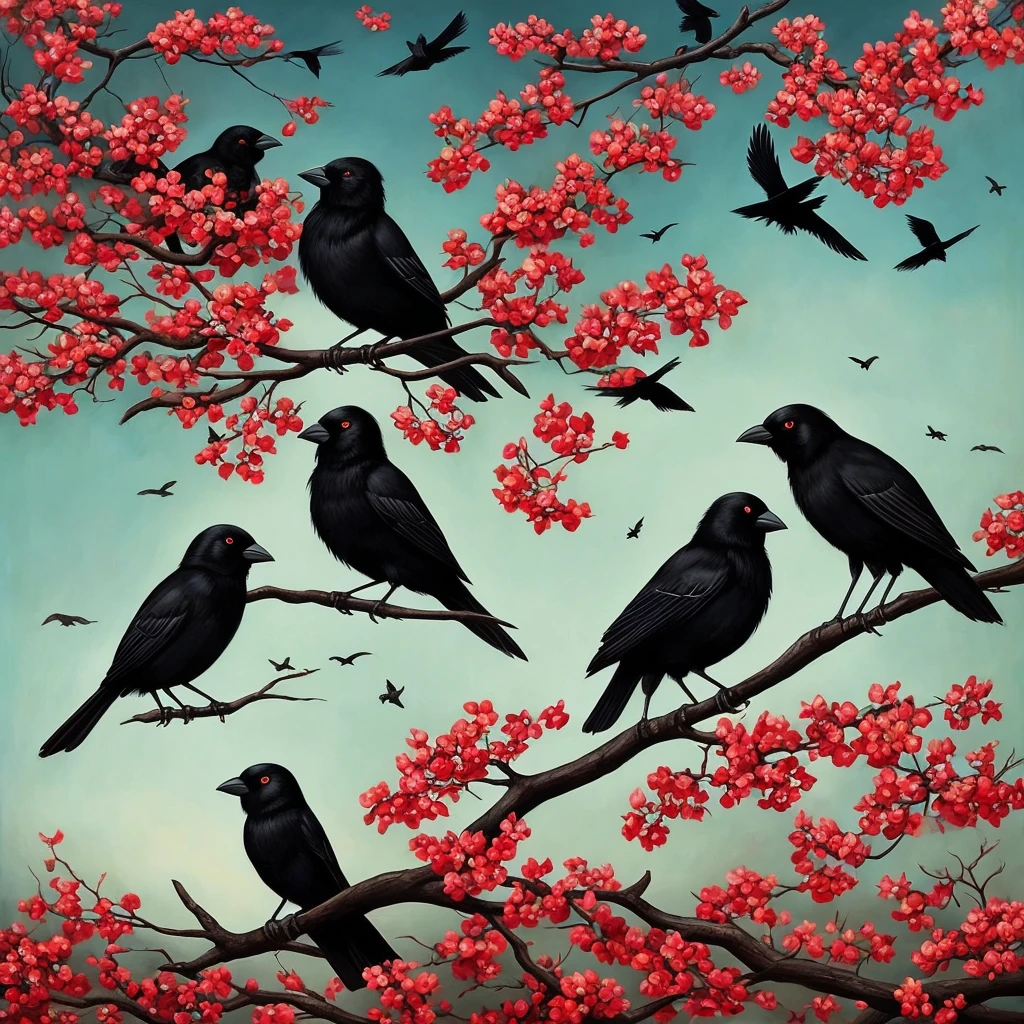 painting of two black birds sitting on a branch of a cherry tree, crows beautiful, crows, jana brike art, by Anne Stokes, style of esao andrews, by Wen Boren, by Lise Deharme, style of tom bagshaw, tom bagshaw. oil painting, beautiful depiction, by Neysa McMein, gothic painting, by Charles Bird King