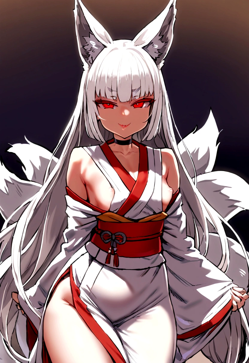 masterpiece, best quality, kitsune 1girl, solo, beautiful kitsune woman, fox ears, bangs, white hair, very long hair, red eyes, smug, small breasts, black choker, shoulderless kimono, white kimono, long kimono, long kimono sleeves, on it, red sash, 5 white fox tails, white hair, looking at viewer, cowboyshot