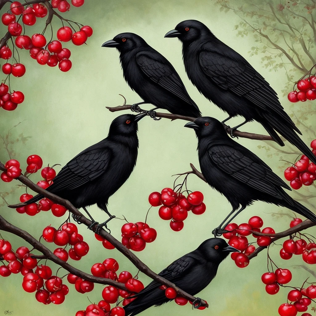 painting of two black birds sitting on a branch of a cherry tree, an acrylic painting by Anne Stokes, trending on deviantart, gothic art, crows beautiful, crows, jana brike art, style of esao andrews, style of tom bagshaw, beautiful depiction, tom bagshaw. oil painting, gothic painting, southern gothic art, detailed 3d gothic oil painting, ravens