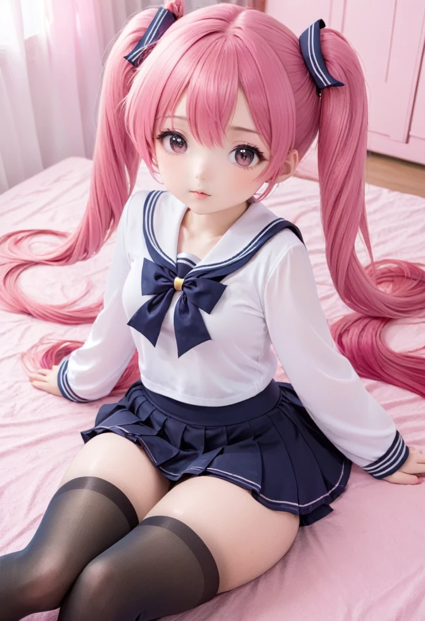 black pantyhose,li,sailor,skirt,cute,lying,,pink hair,twintails,,shy,medium breasts,