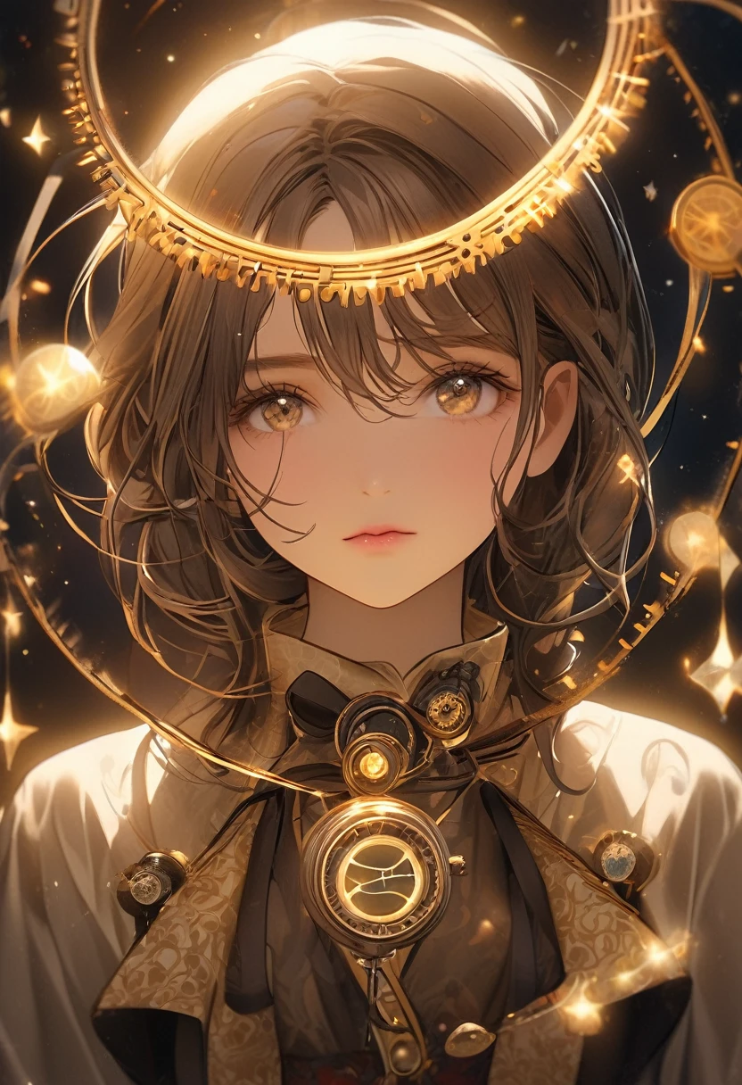 thinking , yellow steampunk robe , masterpiece , cloudly night full stars , steampunk robe , 1girl , soft light , magic rune mark , magic cirlce , looking to the camera , close up