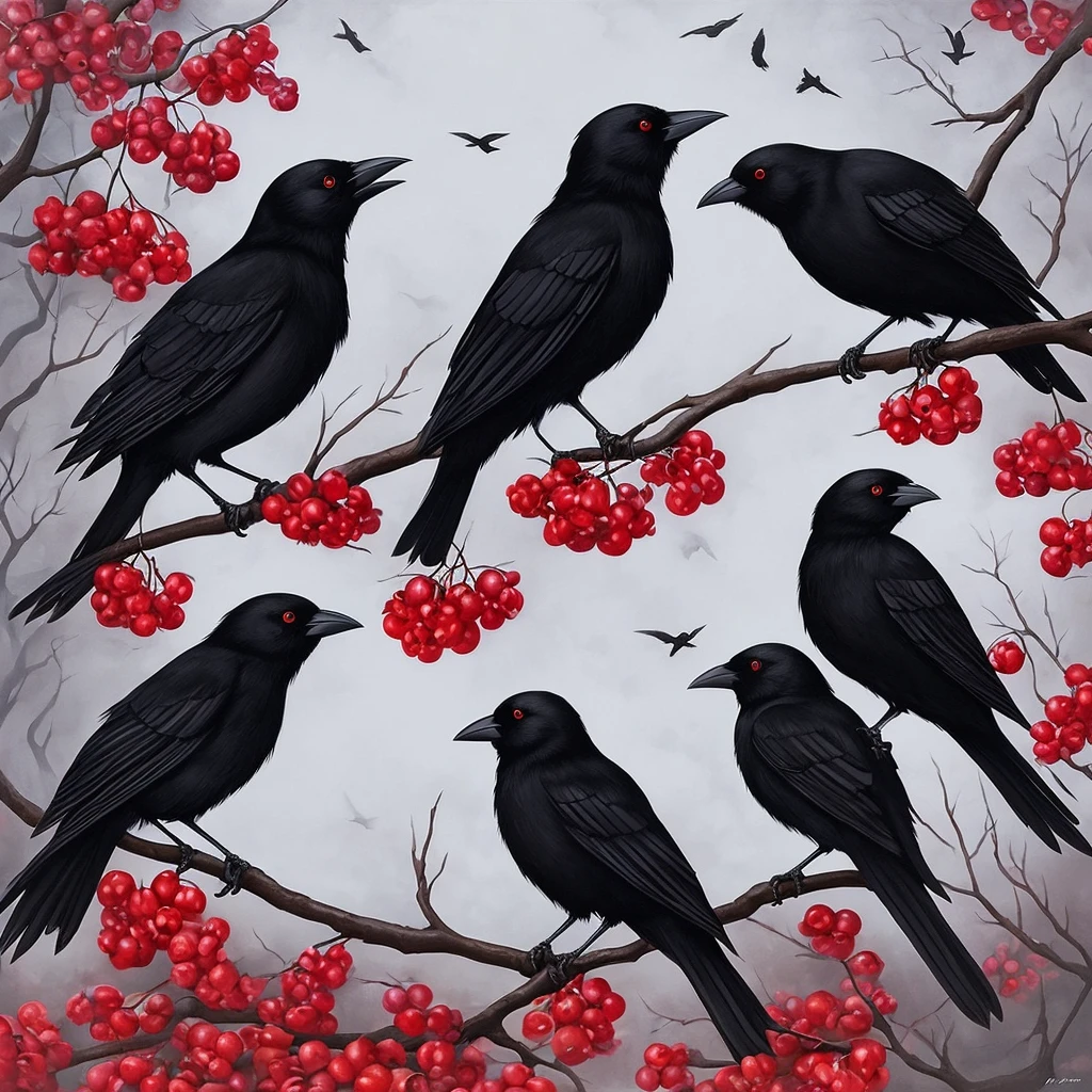 painting of two black birds sitting on a branch of a cherry tree, crows beautiful, crows, jana brike art, by Anne Stokes, style of esao andrews, by Wen Boren, by Lise Deharme, style of tom bagshaw, tom bagshaw. oil painting, beautiful depiction, by Neysa McMein, gothic painting, by Charles Bird King