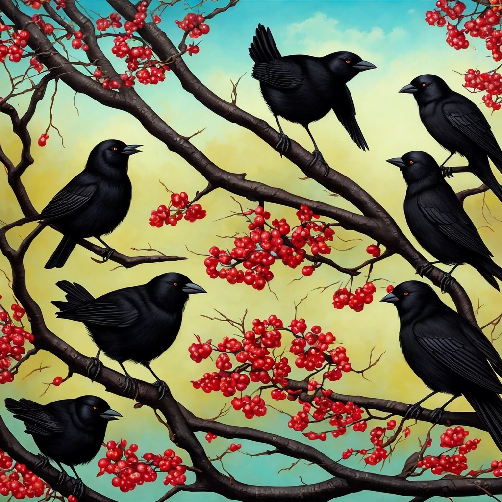 painting of two black birds sitting on a branch of a cherry tree, crows beautiful, crows, jana brike art, by Anne Stokes, style of esao andrews, by Wen Boren, by Lise Deharme, style of tom bagshaw, tom bagshaw. oil painting, beautiful depiction, by Neysa McMein, gothic painting, by Charles Bird King