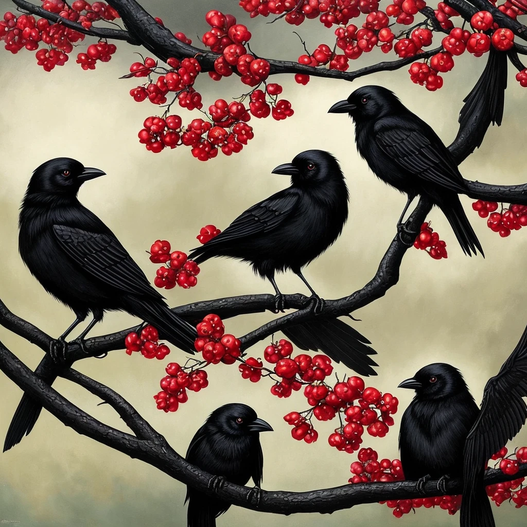 painting of two black birds sitting on a branch of a cherry tree, an acrylic painting by Anne Stokes, trending on deviantart, gothic art, crows beautiful, crows, jana brike art, style of esao andrews, style of tom bagshaw, beautiful depiction, tom bagshaw. oil painting, gothic painting, southern gothic art, detailed 3d gothic oil painting, ravens