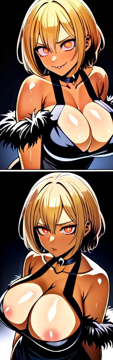 (extremely detailed CG, best quality:1.1), 1girl, huge breasts, perfect face, bright pupils, (finely detailed beautiful eyes:1.1), shiny skin, lustrous skin, wide hips, narrow waist, short hair, blonde hair, red eyes, cleavage, black gloves, black thighhighs, fur trim, dress, bare shoulders, garter straps, choker, side slit, white high heels, sharp teeth, smirking, breast spilling out from the dress, Denji from chainsaw man female version