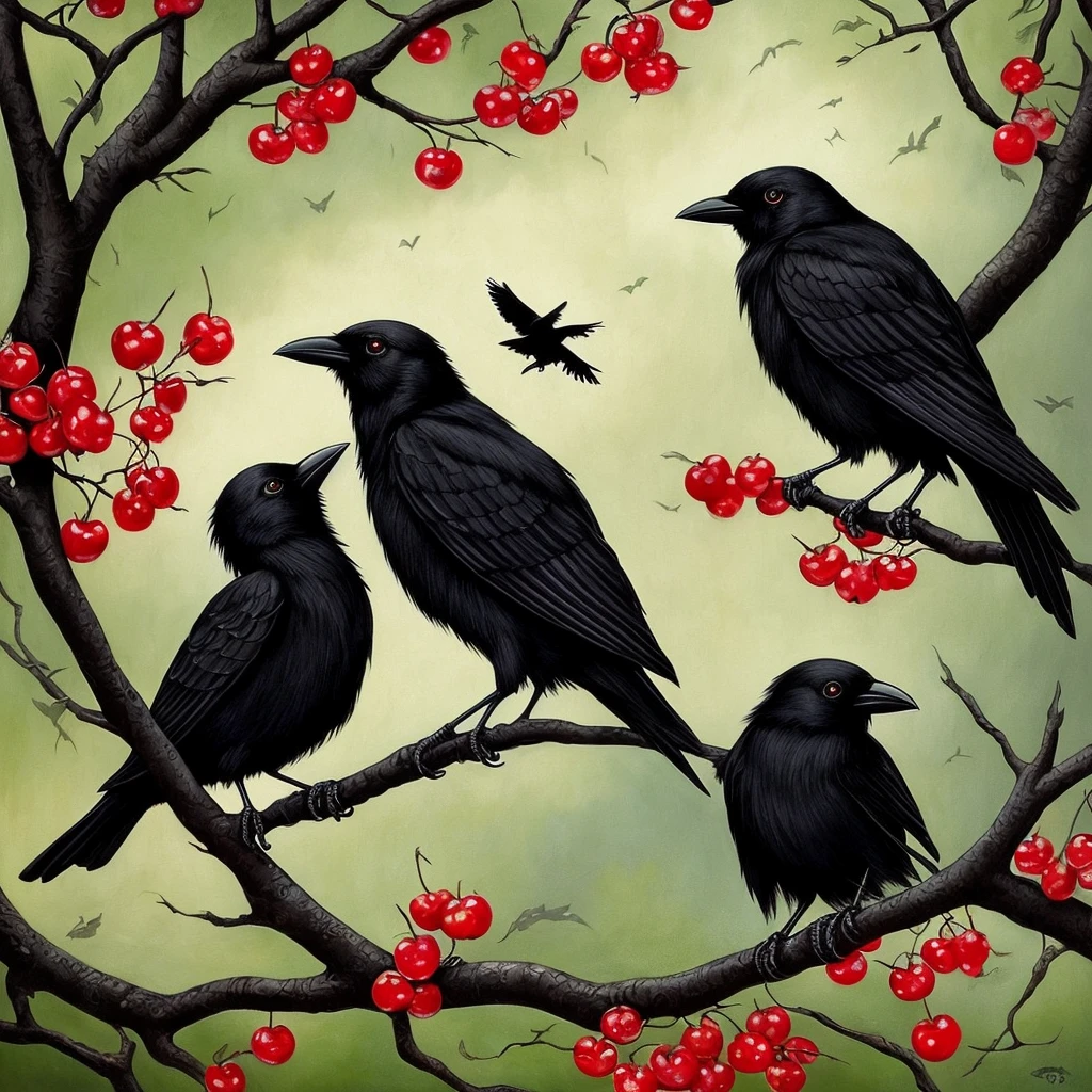 painting of two black birds sitting on a branch of a cherry tree, an acrylic painting by Anne Stokes, trending on deviantart, gothic art, crows beautiful, crows, jana brike art, style of esao andrews, style of tom bagshaw, beautiful depiction, tom bagshaw. oil painting, gothic painting, southern gothic art, detailed 3d gothic oil painting, ravens