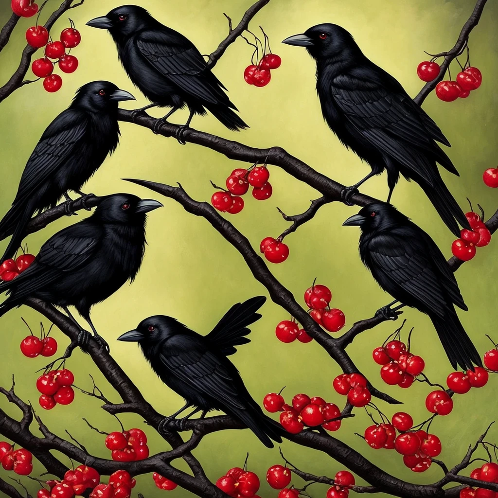 painting of two black birds sitting on a branch of a cherry tree, an acrylic painting by Anne Stokes, trending on deviantart, gothic art, crows beautiful, crows, jana brike art, style of esao andrews, style of tom bagshaw, beautiful depiction, tom bagshaw. oil painting, gothic painting, southern gothic art, detailed 3d gothic oil painting, ravens