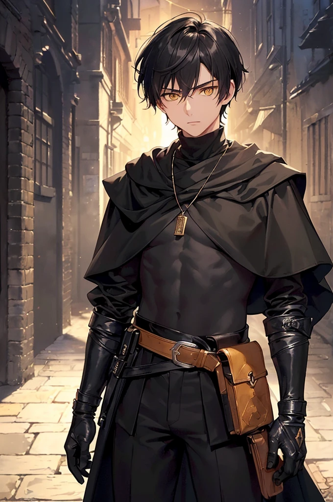 (masterpiece; best quality: 1.2), (finely detailed eyes: 1.3), ((25 year old man)), ((solo)), (yellow eyes: 1.4), (body; lithe, lean, slender: 1.3), (very short black hair: 1.3), (beautiful and clear background: 1.2), ((depth of field)), (clothes: black assassin attire + black turtleneck shirt + black pants + black gloves + black cloak + belts + traveler pouches and satchel: 1.3), (anime illustration: 1.2), (background; medieval slums alleyway + night: 1.1), (extremely fine and handsome: 1.1), (shot composition; standing + centered on torso + close-up: 1.5), (expression; calm, stoic: 1.2)