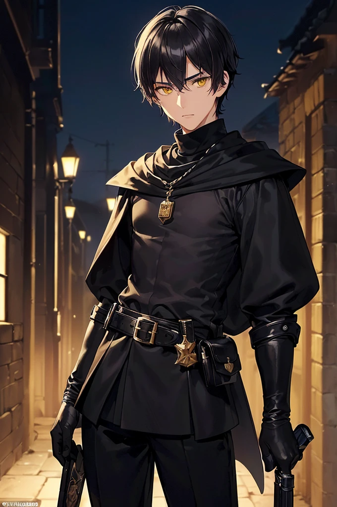 (masterpiece; best quality: 1.2), (finely detailed eyes: 1.3), ((25 year old man)), ((solo)), (yellow eyes: 1.4), (body; lithe, lean, slender: 1.3), (very short black hair: 1.3), (beautiful and clear background: 1.2), ((depth of field)), (clothes: black assassin attire + black turtleneck shirt + black pants + black gloves + black cloak + belts + traveler pouches and satchel: 1.3), (anime illustration: 1.2), (background; medieval slums alleyway + night: 1.1), (extremely fine and handsome: 1.1), (shot composition; standing + centered on torso + close-up: 1.5), (expression; calm, stoic: 1.2)