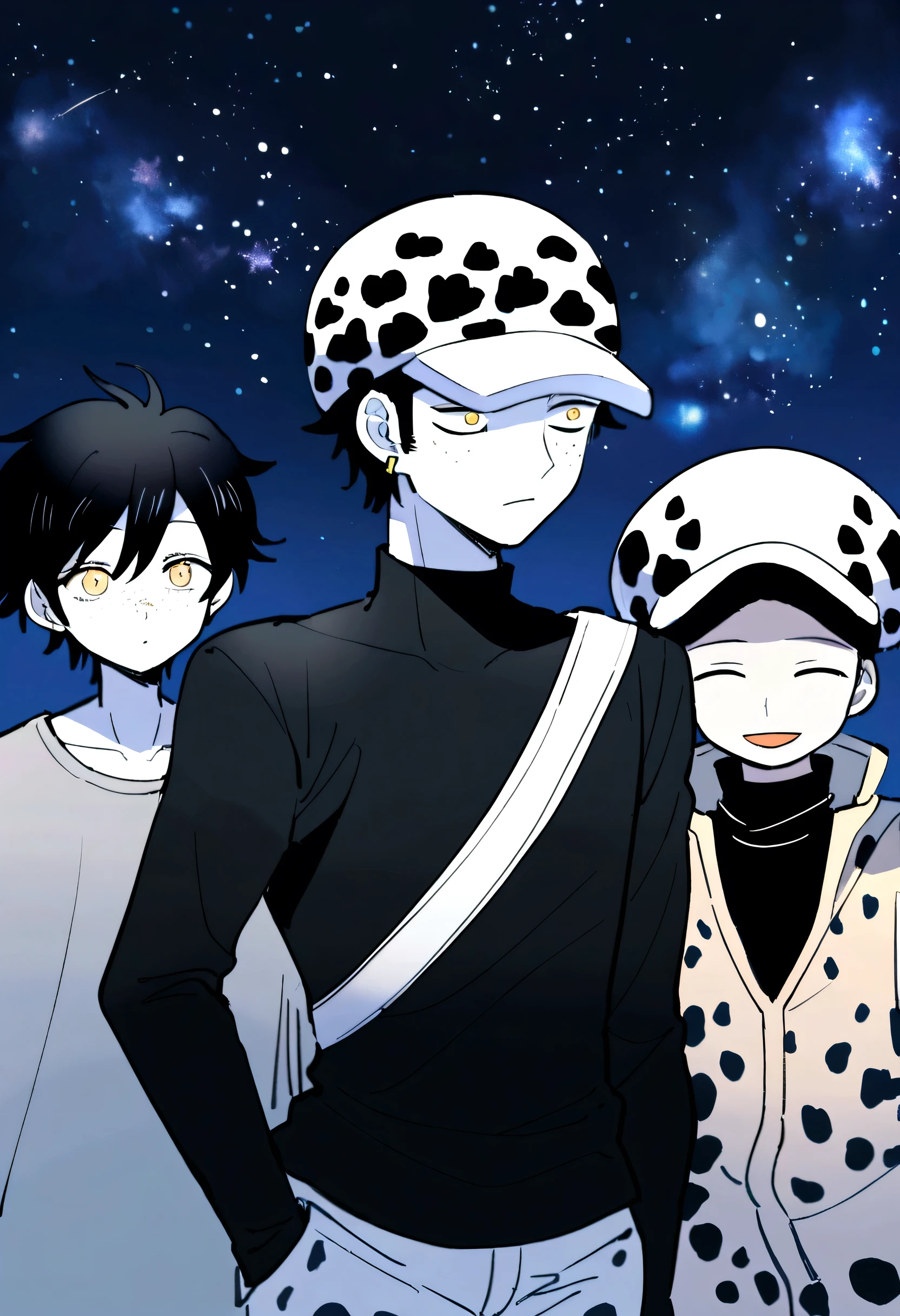 1 chico , cheered up , from onepiece , looking at the sky in amazement ,half body , looking at the stars , short wavy black hair , white skin with slight freckles , neutral eyes without shine royal blue color , black shirt , gray open sweater , wearing the white cap like Trafalgar law , while Trafalgar law is behind him