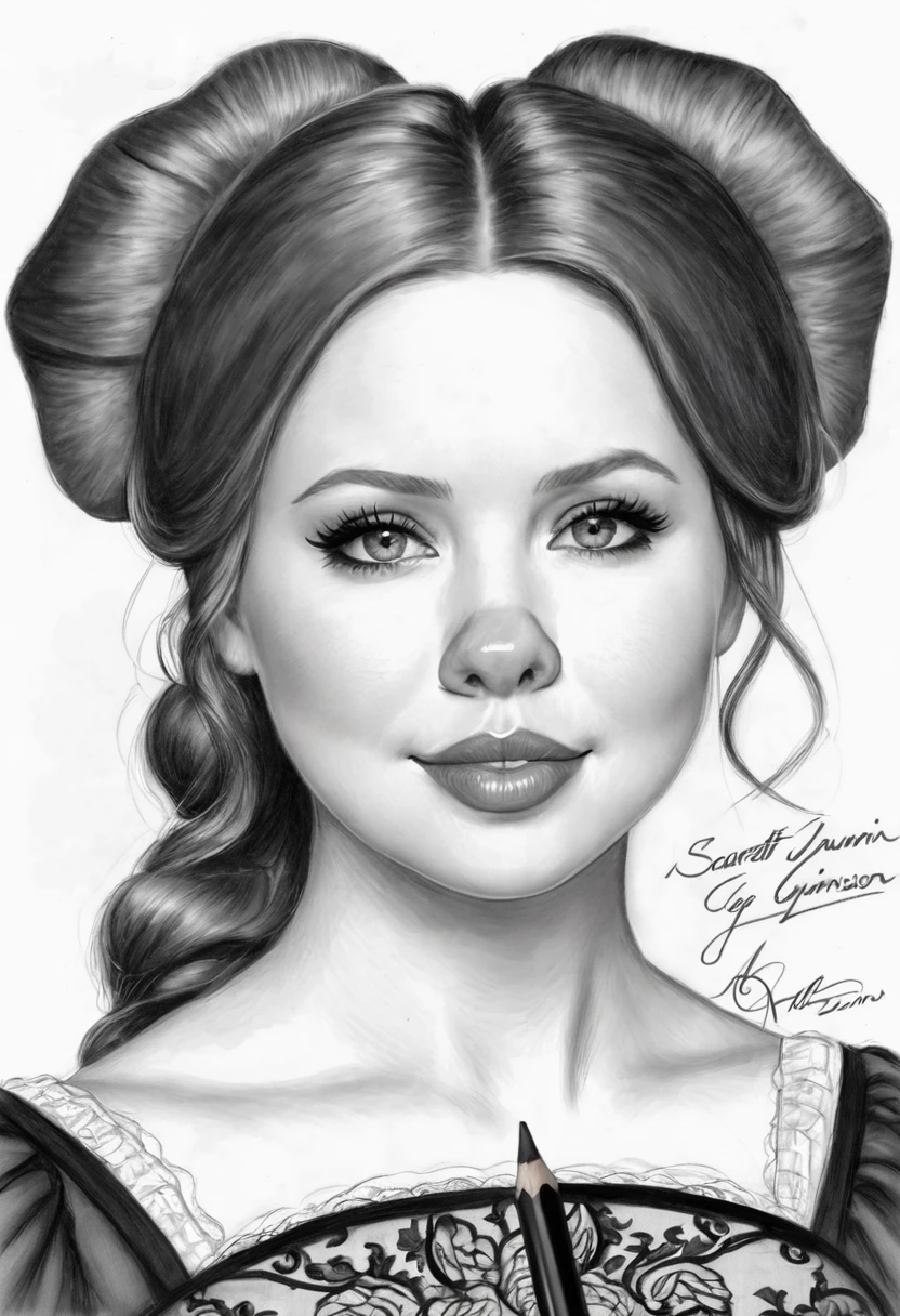 A pencil sketch of a beautiful victorian pig woman. (large pig ear, pig nose) who is a mash up of Molly Quinn, Scarlett Johanson and Alison Brie.