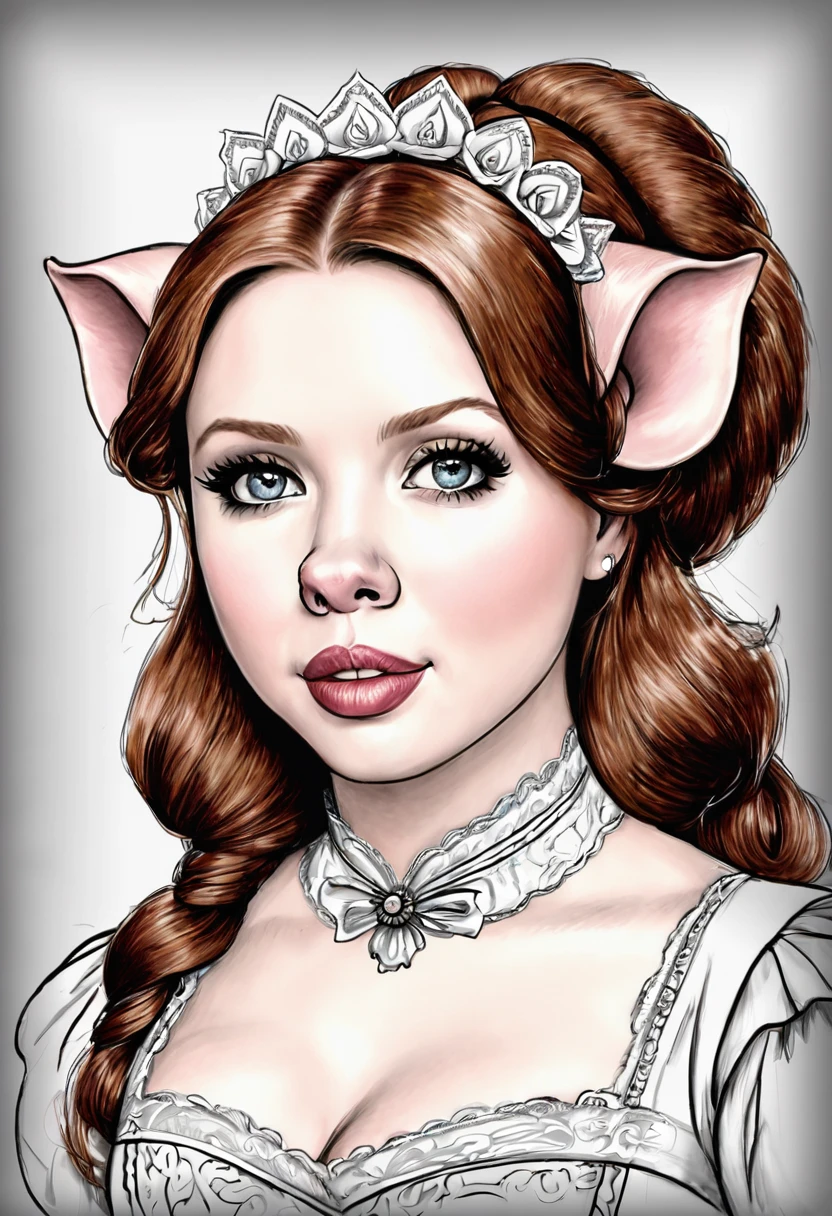 A pencil sketch of a beautiful victorian pig woman. (large pig ear, pig nose) who is a mash up of Molly Quinn, Scarlett Johanson and Alison Brie.