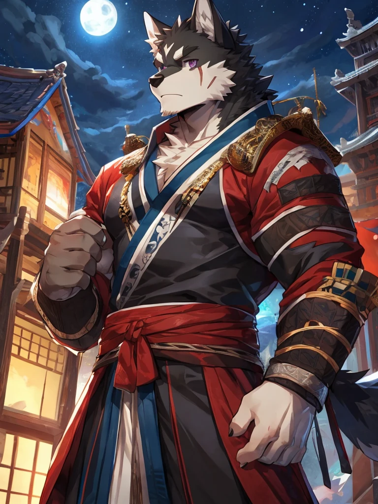 embedding:Black wolf,male, Purple eyes,Scar on the face, Single Person,black fur.Broken eyebrow,Samurai,Samurai suit,Ancient style,With a samurai sword at his waist.Handsome,Muscular,Tall,Serious,Night,Best quality hands, best quality eye,detailed fur,Delicate eyes.Extreme picture quality,by sollyz,by zixiong,by milkytiger1145