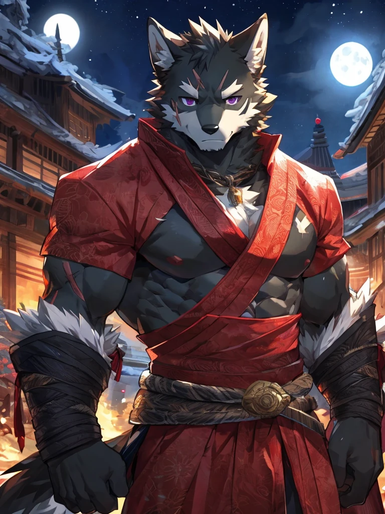 embedding:Black wolf,male, Purple eyes,Scar on the face, Single Person,black fur.Broken eyebrow,Samurai,Samurai suit,Ancient style,With a samurai sword at his waist.Handsome,Muscular,Tall,Serious,Night,Best quality hands, best quality eye,detailed fur,Delicate eyes.Extreme picture quality,by sollyz,by zixiong,by milkytiger1145