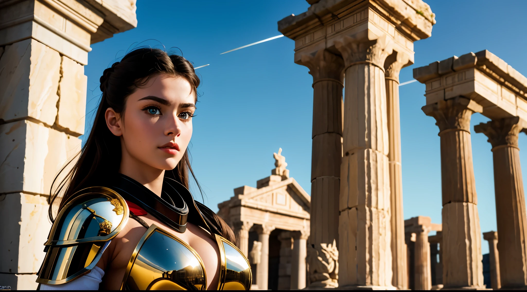 (HDR:1.2) best quality, 4k, 8k, (ultra high resolution), (HD photo:1.6), (sharp focus), (Kodak Portra 400 film), Close-up of a young woman with a costume inspired by a Roman soldier, (perfect face, perfect body, perfect anatomy) armor, sword, posing in front of the viewer in front of a Roman temple( sexy, body perfect,)