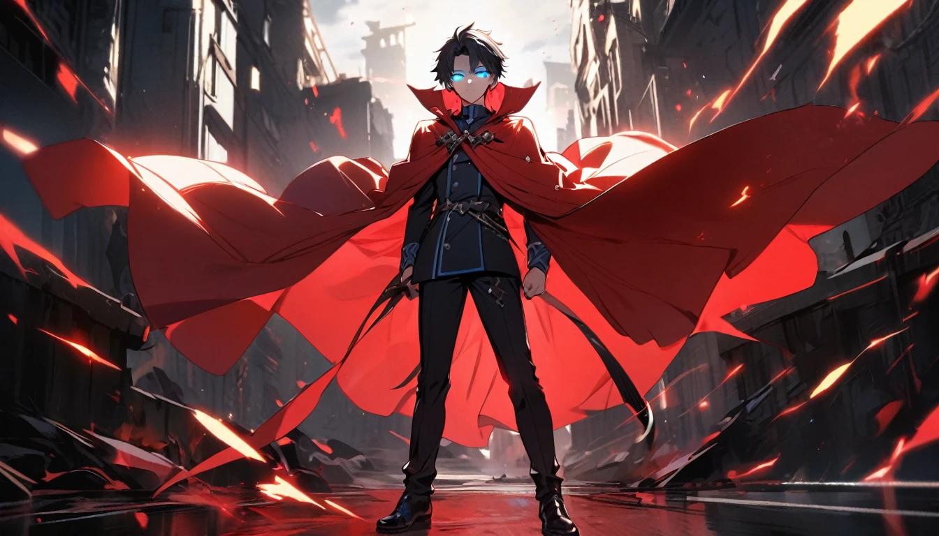 Male, solo, handsome, black hair, blue eyes, glowing eyes, red cloak, young, full body