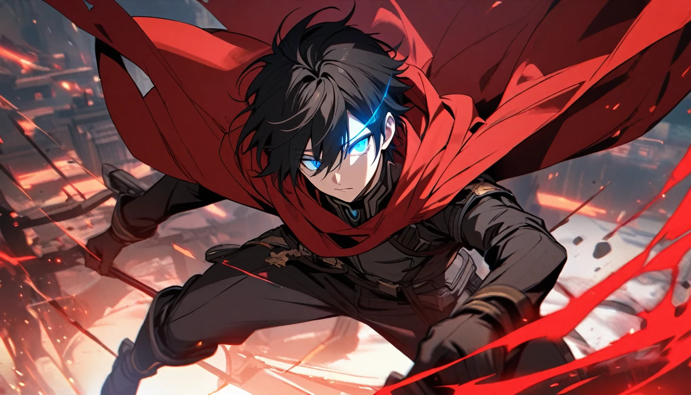 Male, solo, handsome, black hair, blue eyes, glowing eyes, red cloak, young, full body