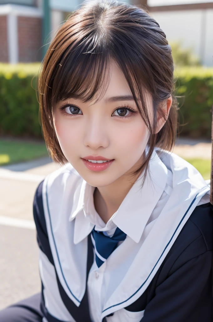 (Ultra-Realistic Skin),((Highest quality, 8K, masterpiece: 1.3)), ((Bewitching Woman))、Voluptuous figure、((Japanese schoolgirl))、Gal Makeup、 Sli-bob cut, Ultra detailed face, Highly detailed lips, Detailed eyes, double eyelid 、Big nipples、1 woman、Red Lip、Drooping eyes、((濃いGal Makeup))、(Sweaty and very shiny skin)、((Wearing a high school uniform))、spotless face、((とてもMoist Skin))、A ruddy face、Thick lips、Dark Eyes、Plump Cheeks、((Moist Skin))、Provocative smile、Invisible angle、(Angle above the knee)、School playground、