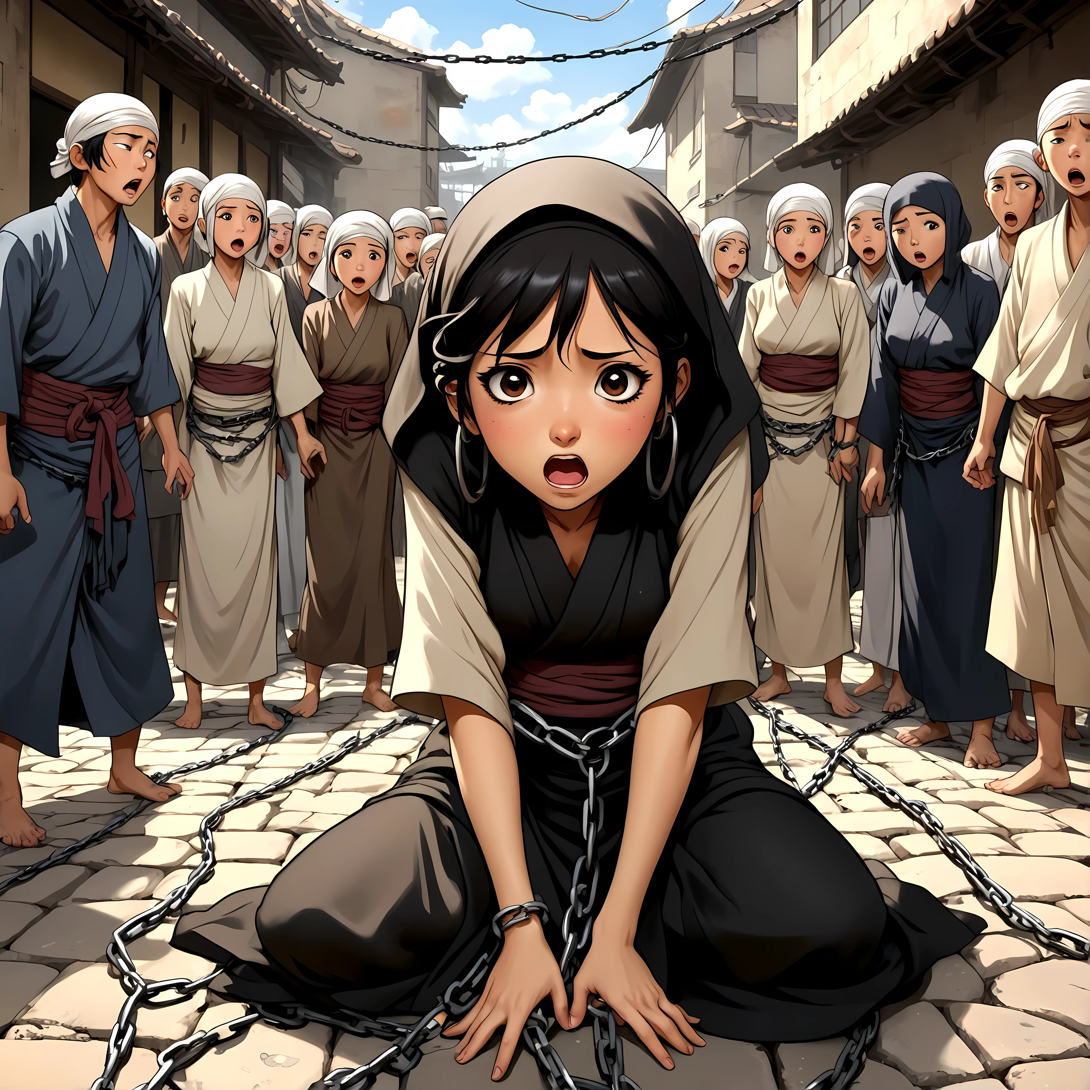 Inspired by Japanese manga style, a cartoon style, manga drawing, digital drawing, 8K masterpiece of a 20s year old Japanese cartoon girl, acting as a slave, agony expressions, defeated gesture, torn clothes and black jilbab, hands restrained by chains, spread out, seiza on the cobblestone ground. Surrounded by crowds.