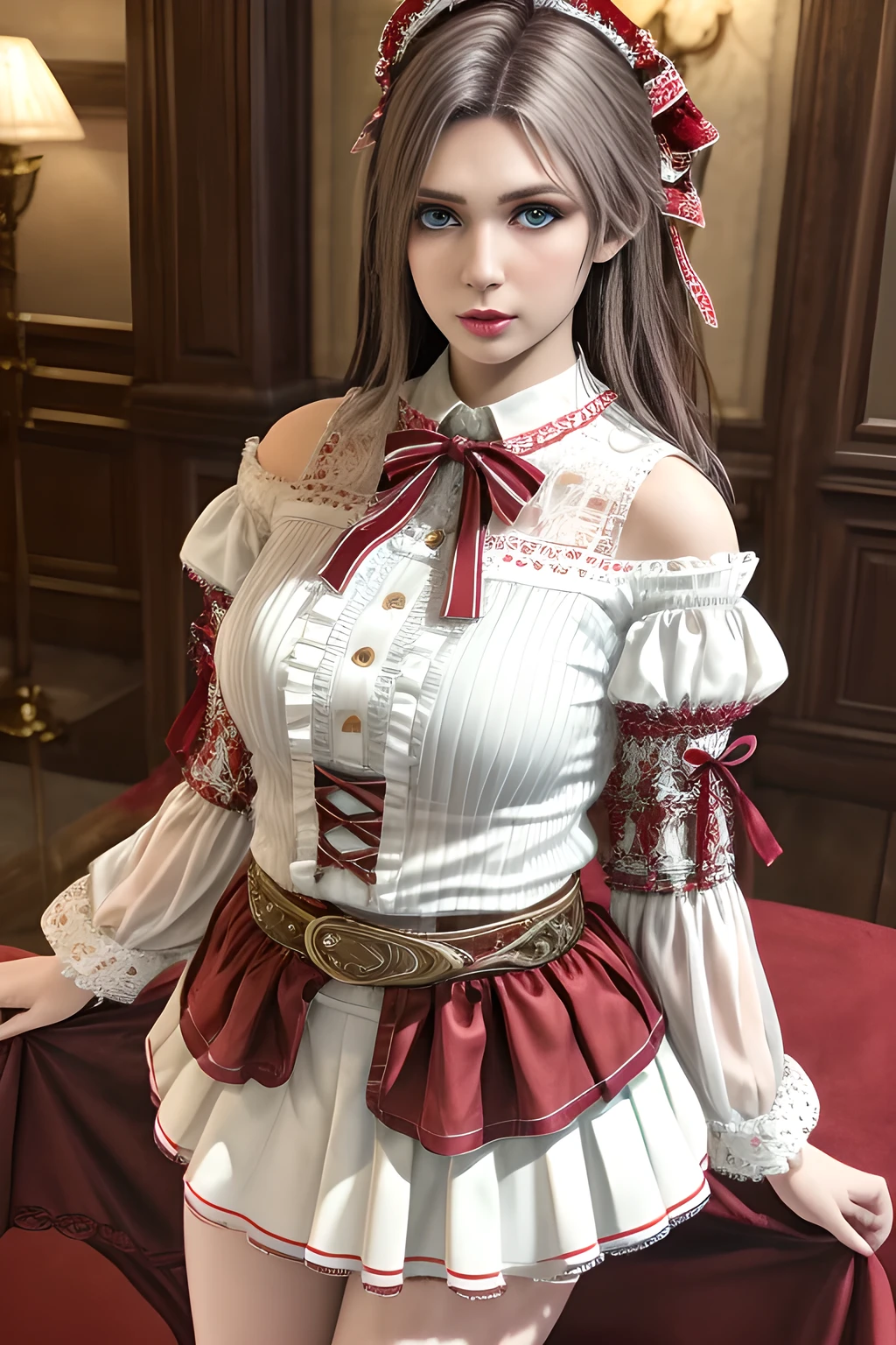 1girl,wearing a traditional-style outfit with a rich historical and folk-inspired aesthetic. Her white blouse features ruffled details and intricate embroidery, with red and white striped sleeves and ribbon embellishments on the upper arms. The red skirt is adorned with pleats and lace trims, and a brown belt with floral decorations and tassels wraps around her waist, adding a touch of authenticity to the look. The overall outfit exudes a sense of timeless charm and cultural heritage, ,beautiful detailed eyes, beautiful detailed lips, extremely detailed eyes and face, long eyelashes, (best quality,4k,8k,highres,masterpiece:1.2), ultra-detailed, (realistic,photorealistic,photo-realistic:1.37), sharp focus, vivid colors, HDR, studio lighting, physically-based rendering,elise