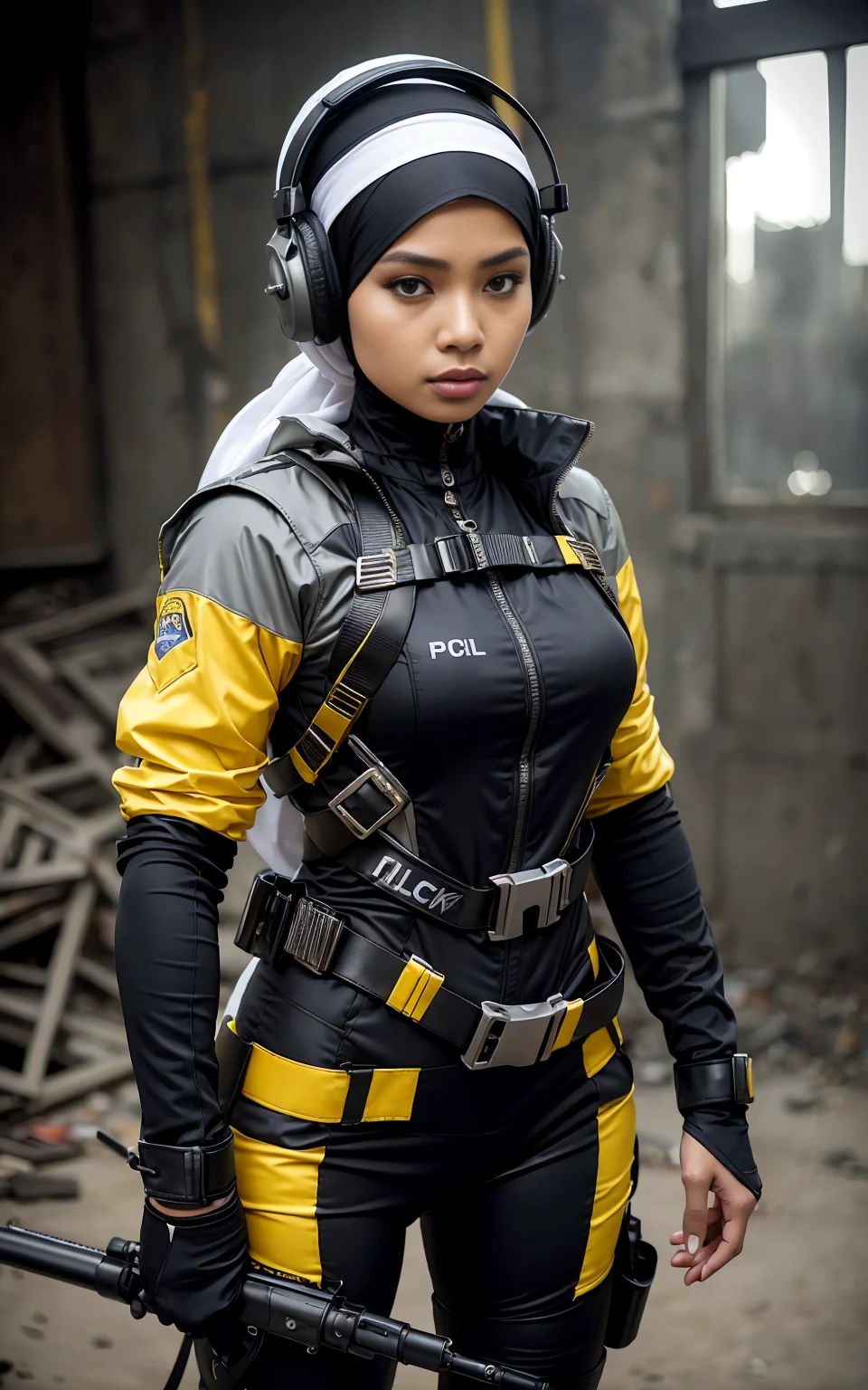 RAW, (Best quality, high resolution, work: 1.3), perfect lighting, 8k, Beautiful Indonesian woman in hijab, perfect fit body, ((wearing racing suit likes police uniform, black and grey mecha, wearing high-tech headset, military harness, cloths colored base on black and white and grey and red and yellow and blue), wearing a high-tech headset, military harness with hijab, holding a machinegun, background abandoned machines, ruin