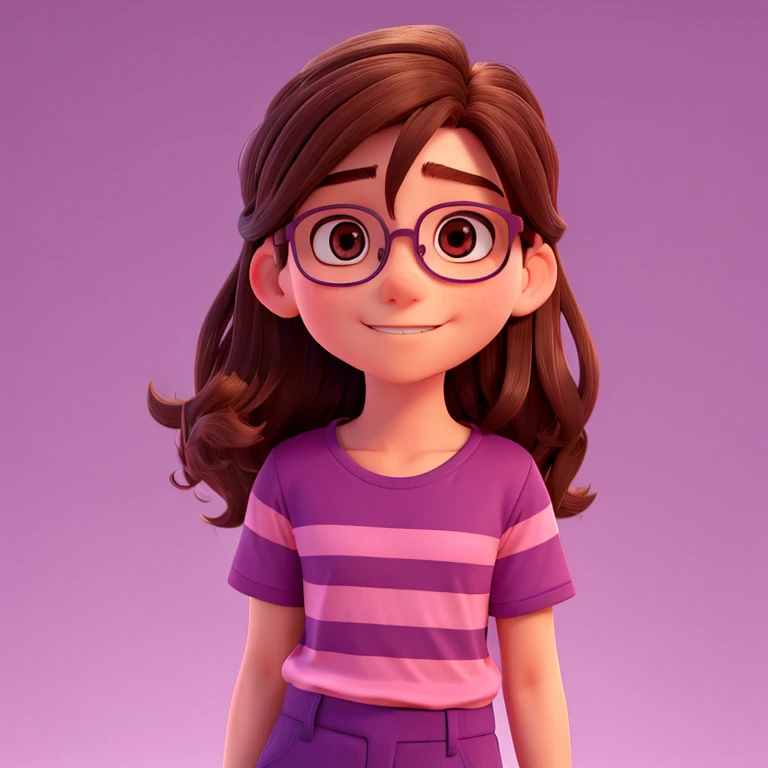 a 10 years with glasses with long dark brown hair, has brown eyes, wears a purple t-shirt with pink stripes and navy blue pants and magenta shoes