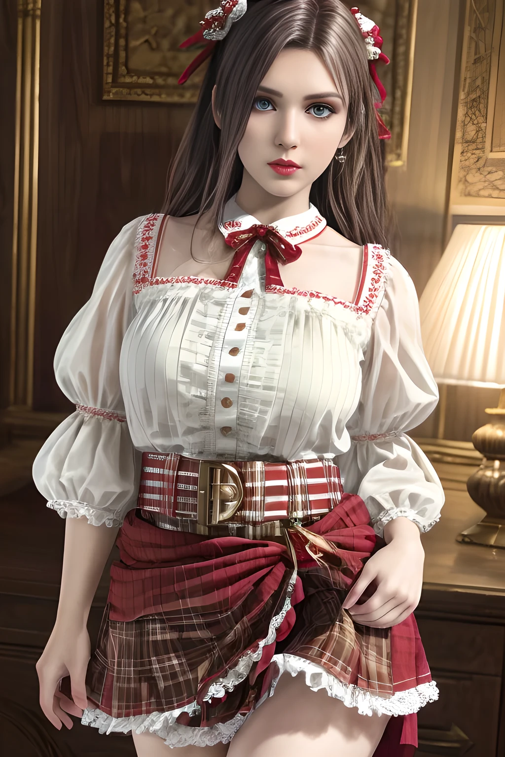 1girl,wearing a traditional-style outfit with a rich historical and folk-inspired aesthetic. Her white blouse features ruffled details and intricate embroidery, with red and white striped sleeves and ribbon embellishments on the upper arms. The red skirt is adorned with pleats and lace trims, and a brown belt with floral decorations and tassels wraps around her waist, adding a touch of authenticity to the look. The overall outfit exudes a sense of timeless charm and cultural heritage, ,beautiful detailed eyes, beautiful detailed lips, extremely detailed eyes and face, long eyelashes, (best quality,4k,8k,highres,masterpiece:1.2), ultra-detailed, (realistic,photorealistic,photo-realistic:1.37), sharp focus, vivid colors, HDR, studio lighting, physically-based rendering,elise