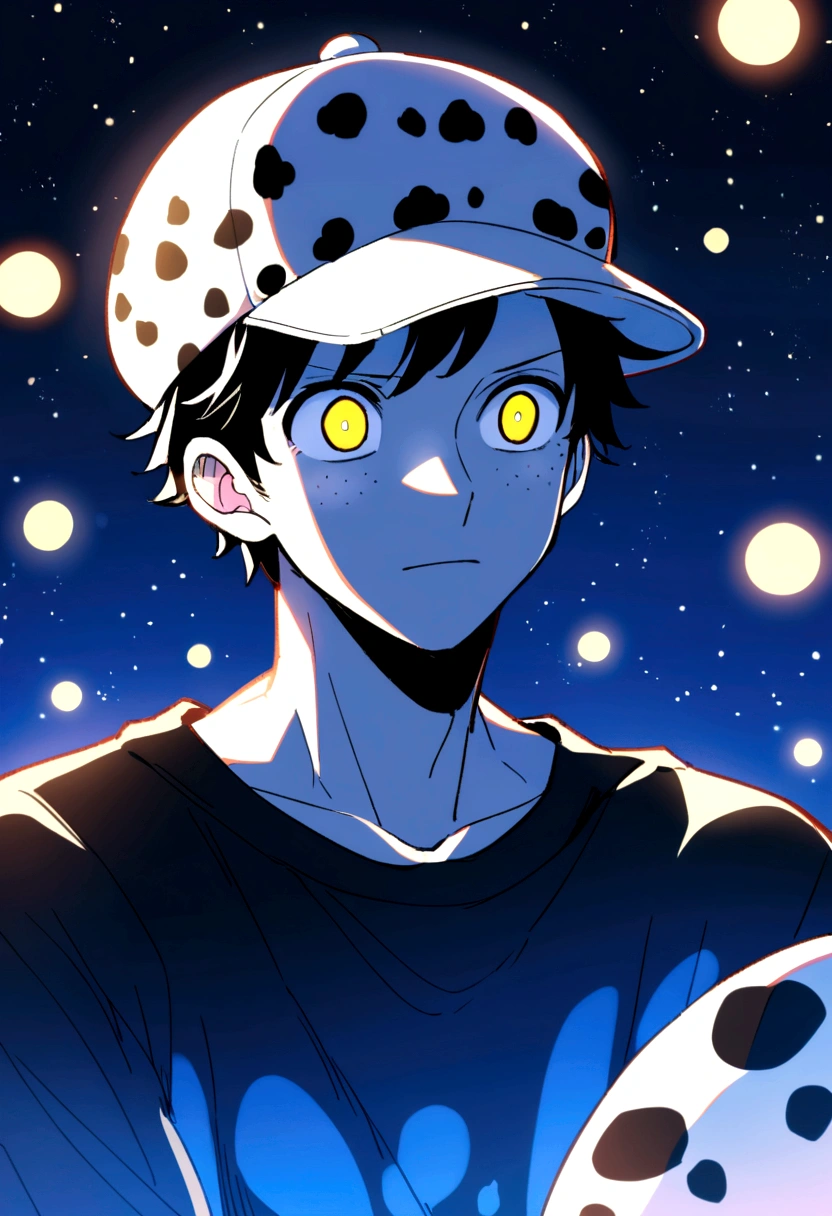 1 chico , cheered up , from onepiece , looking at the sky in amazement ,half body , looking at the stars , short wavy black hair , white skin with slight freckles , neutral eyes without shine royal blue color , black shirt , gray open sweater , wearing the white cap like Trafalgar law but completely white