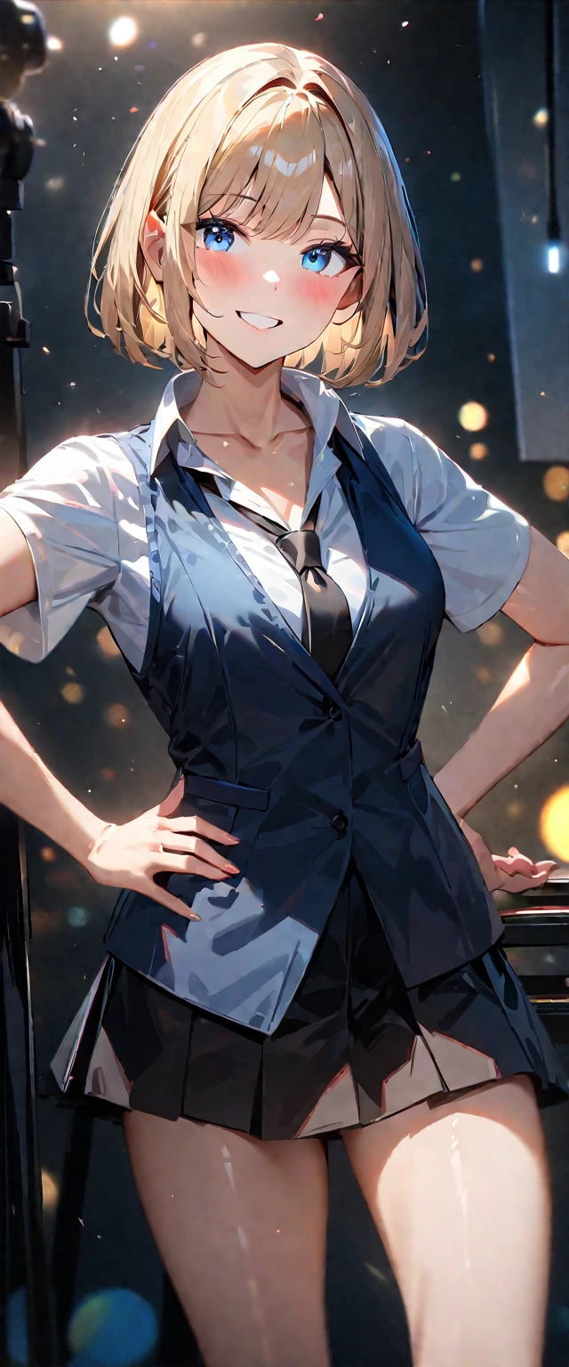 (((One girl))), blond hair, bob cut, (cowboy shot), (looking at viewer), (open collar:1.3), ((black tie under the waistcoat)), face in focus, teenager, head tilt:1.3, (((blue eye))), ((happy smile)), ((blush)), contrapposto, one hand on hip, school summer uniform, white shirts, skirt, black waistcoat, anime style, (best quality, 4k, 8k, highres, masterpiece:1.2, ultra-detailed, ultra-detailed eyes, HDR, UHD, studio lighting, ultra-fine painting, sharp focus, physically-based rendering, extreme detail description, professional, vivid colors, bokeh)