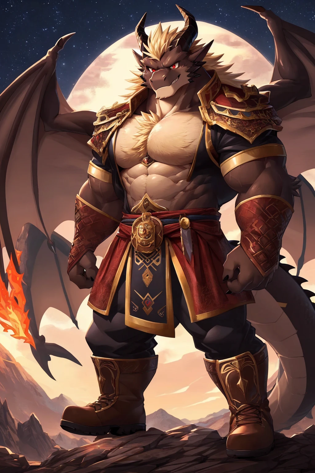 (sfw:1.5), male focus, Prince, Handsome 1boy, solitary, single,protrait photo, (Light blond thick eyebrows:1.3), (Black nails, Black Claws:1.3), (Dark brown dragon wings, Translucent wing membrane:1.5), Dark brown skin, Light blond chest hair, Light golden belly hair, (Dark brown tail:1.4), White fangs, (Perfect red eyes:1.4), (Dark brown ears, Dark brown body:1.3), (Dark brown thick horns, Dark brown horns, Dark brown curved horns:1.4), (黑棕色的Dragon Tail:1.2), (Light blond hair:1.4), Beige chest,
demon, feet, Demom, devil, devil boy, devil body, Demom boy, Demom body, (evil eyes, big eyes, large eyes:1.4), (Dragon Tail:1.4), (Chubby, The body is huge, Larger face:1.2), (Bare neck, Bare wrists:1.4),
(Royal Guards, Tang Dynasty official uniform:1.5), (Dark brown clothing:1.4), (brown belt:1.3), (Dark brown boots, Red shoelaces:1.2), (Red texture on clothes:1.3), (Mars splashes, spark:1.2),
(full body:1.4), (Mature men:1.5), (Tall and strong, Strong body, muscle,Strong male, muscle男:1.3), (Thick arms, Strong and strong legs, Strong legs:1.3), (look up, flight, Standing:1.3), (Looking at the audience, Focus, Eyes gaze:1.2), (grace, charming, charm, arrogant:1.3), (evil smile, evil grin, Smirk:1.3),
full background, Night, Mountains and rivers, hell, confusion, magma, flame, Broken Ground,
Mysterious and romantic atmosphere, Caustic lines(refraction, polarization)Perfect anatomical structure, absurd, Detailed background, (Delicate eyes:1.3),Printing style。((artist:Takemoto Arashi))