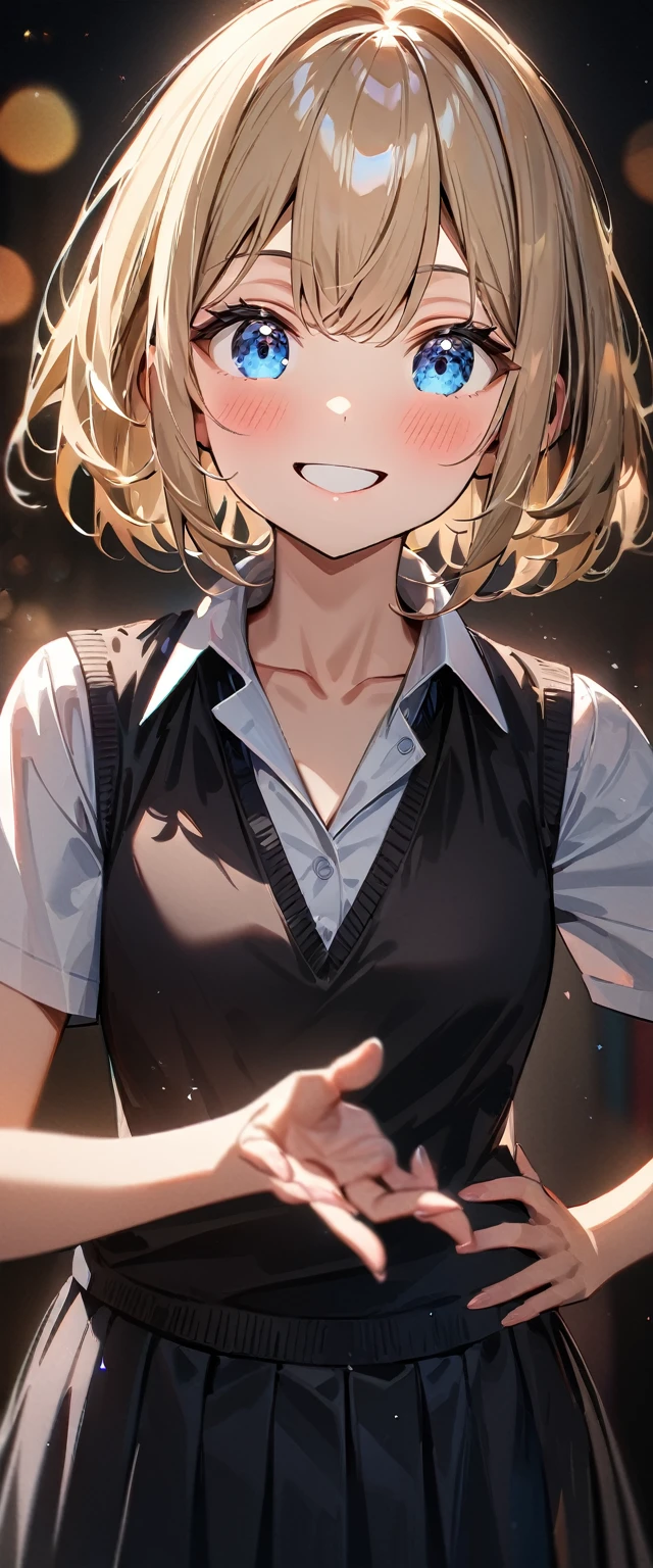 (((One girl))), blond hair, bob cut, (cowboy shot), (looking at viewer), (open collar:1.3), ((black tie under the waistcoat)), face in focus, teenager, head tilt:1.3, (((blue eye))), ((happy smile)), ((blush)), contrapposto, one hand on hip, school summer uniform, white shirts, skirt, black waistcoat, anime style, (best quality, 4k, 8k, highres, masterpiece:1.2, ultra-detailed, ultra-detailed eyes, HDR, UHD, studio lighting, ultra-fine painting, sharp focus, physically-based rendering, extreme detail description, professional, vivid colors, bokeh)