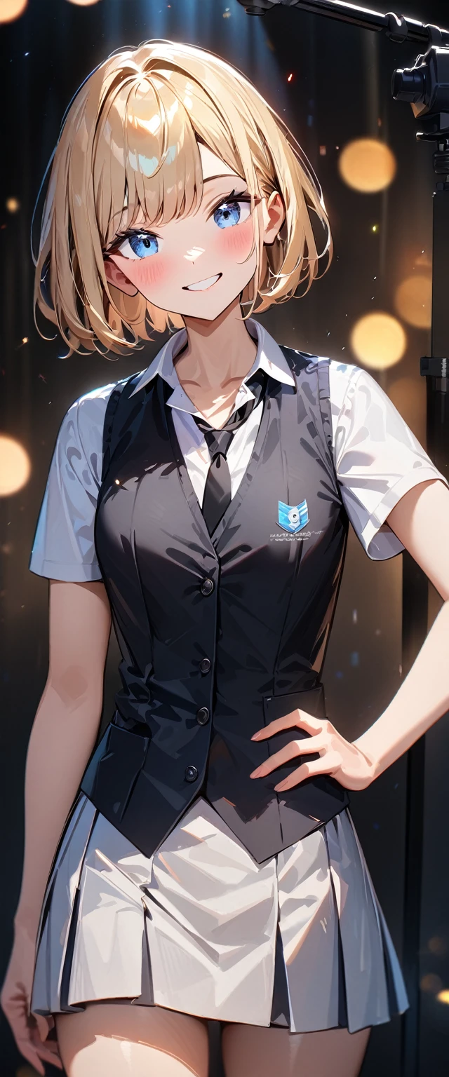 (((One girl))), blond hair, bob cut, (cowboy shot), (looking at viewer), (open collar:1.3), ((black tie under the waistcoat)), face in focus, teenager, head tilt:1.3, (((blue eye))), ((happy smile)), ((blush)), contrapposto, one hand on hip, school summer uniform, white shirts, skirt, black waistcoat, anime style, (best quality, 4k, 8k, highres, masterpiece:1.2, ultra-detailed, ultra-detailed eyes, HDR, UHD, studio lighting, ultra-fine painting, sharp focus, physically-based rendering, extreme detail description, professional, vivid colors, bokeh)