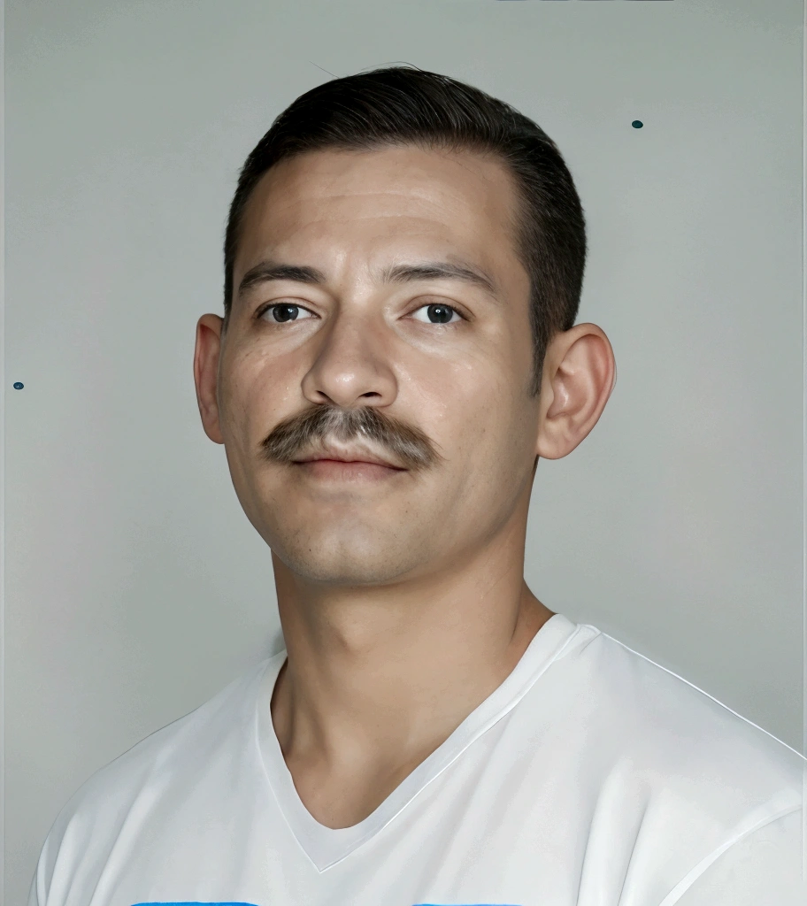 there is a man with a mustache and a white shirt, face detail