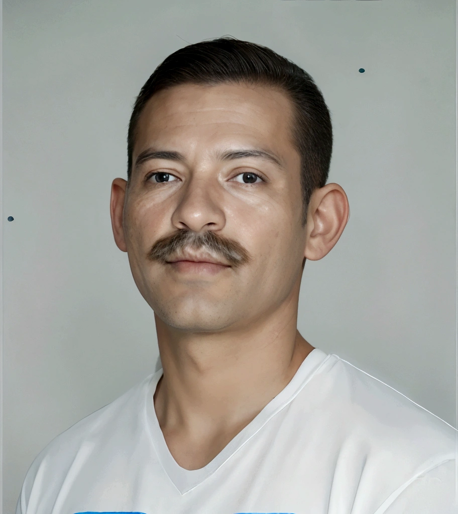 there is a man with a mustache and a white shirt, face detail