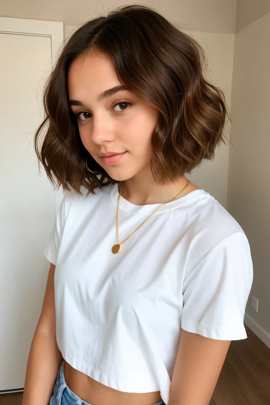Beautiful white teen girl with short tawny brown hair in bob hair style. Light skin color. (Instagram photo) (Her hair has to be lighter) (Her skin has to be whiter)